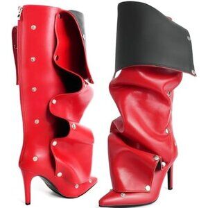 ⚡Women's Red Knee High Shark Boots Pointed Toe High Heels Ruched Stiletto